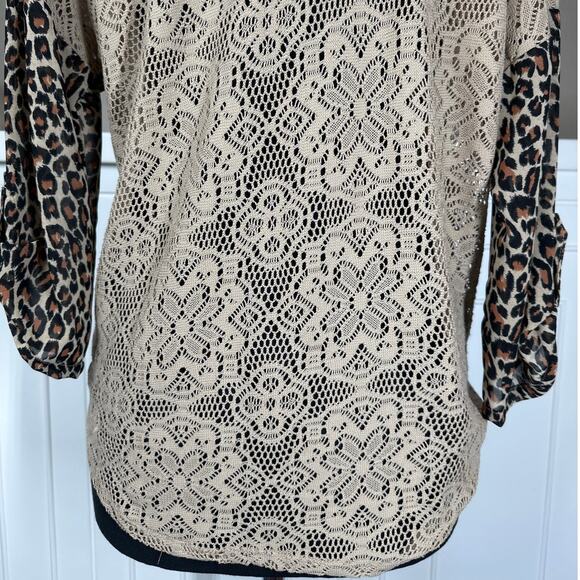 Shyanne Cheetah Print Lace Western Blouse Top Tie Front Roll Tab Sleeve Size XL - Picture 9 of 12